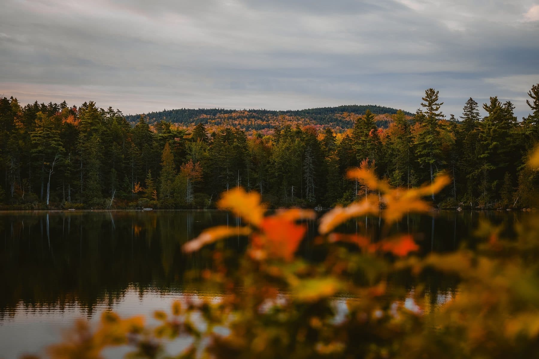 A still Maine lake reflecting a forested hillside in autumn color